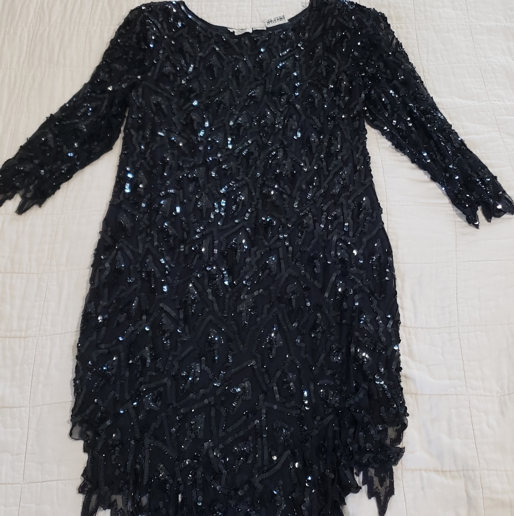 Beaded Silk Dress Black Sequin Cocktail Gown Size XL Vintage Shift Dress
